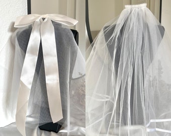 theBRIDESBOXX JGA Schleier Braut Bride Schleier mit Schleife Satin Schleier lang Schleier kurz Junggesellenabschied