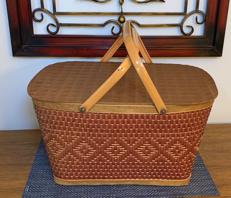 Vintage 1960s W.C. Redmon Red Wicker Picnic Basket Etsy