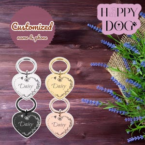 Personalized engraved heart-shaped dog ID tag. Dog tag, medallion, or identification label.
