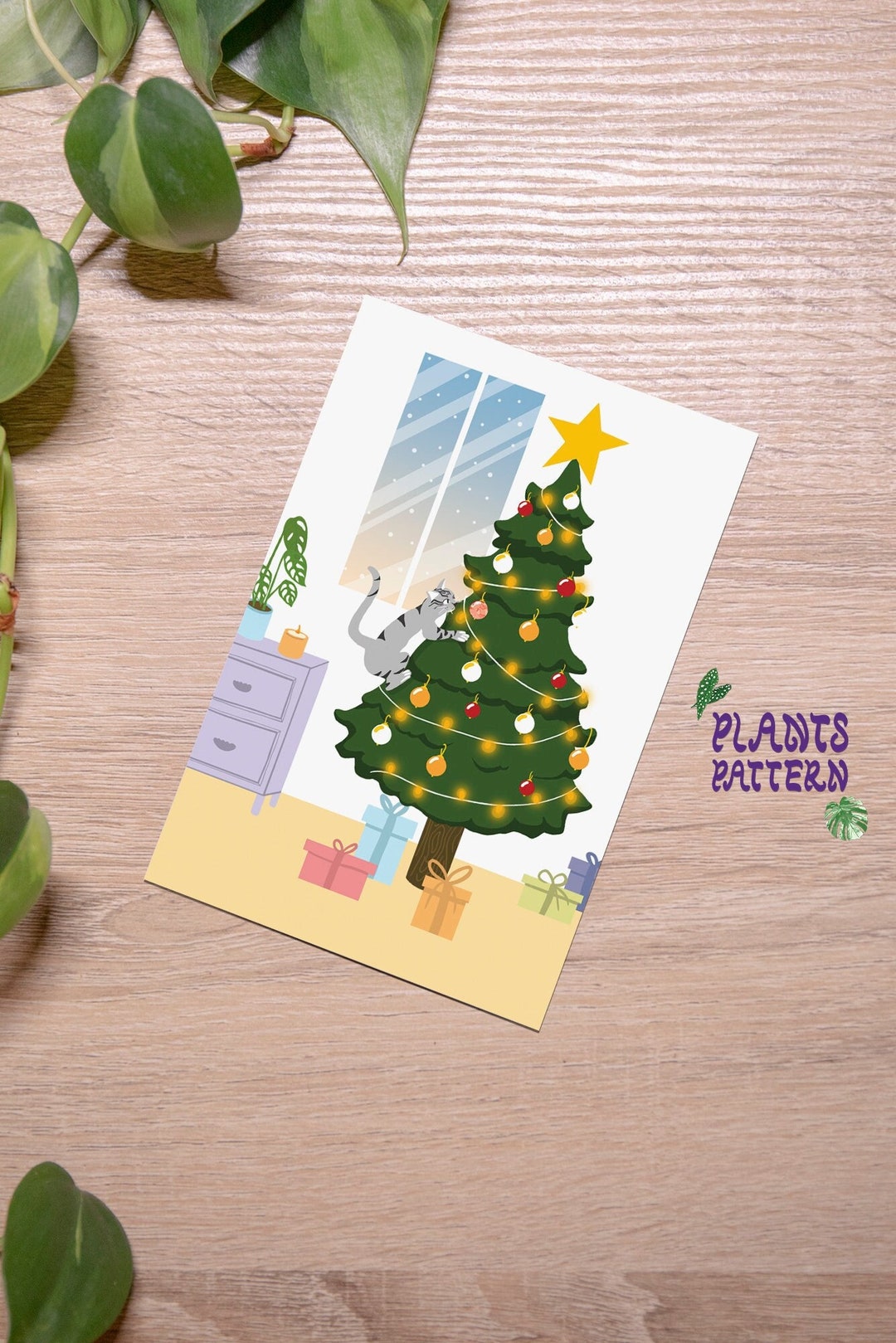 Printable Christmas Card a Cat Climbing a Christmas Tree Etsy