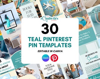 Teal Pinterest Pin Vorlagen: 30 bearbeitbare Canva Designs (Digitaler Download)
