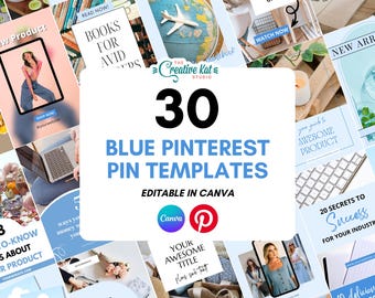 Blaue Pinterest Pin Vorlagen: 30 bearbeitbare Canva Designs (Digitaler Download)