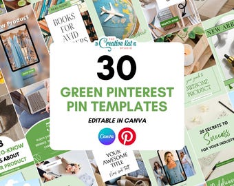 Grüne Pinterest Pin Vorlagen: Bearbeitbare Canva Designs (30) (Digitaler Download)