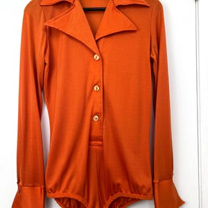 Vintage 70s Made In Canada Phantom Knits Nylon Blouson Bodysuit M Rusty Orange Retro