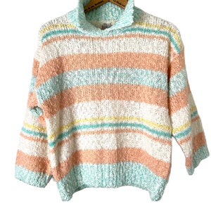 Vintage Here’s A Hug boucle knit collared 80s style pastel striped sweater sz S