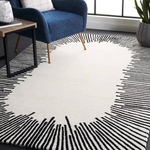 handmade white black area rug for living room bedroom , modern abstract newzealand wool rug , no shed rug