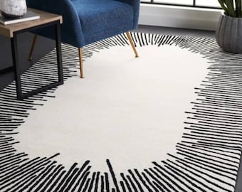 handmade white black area rug for living room bedroom , modern abstract newzealand wool rug , no shed rug