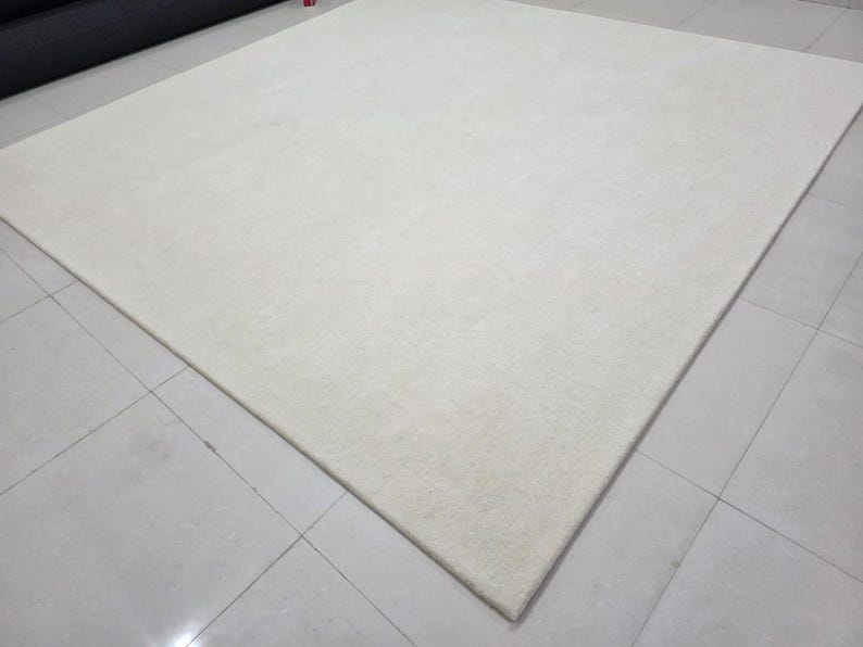 May include: A large, square-shaped area rug in a solid, off-white color. The rug features a dense, short-pile texture with a clean, finished edge. The surface appears uniform and smooth, covering a significant portion of the floor space shown.