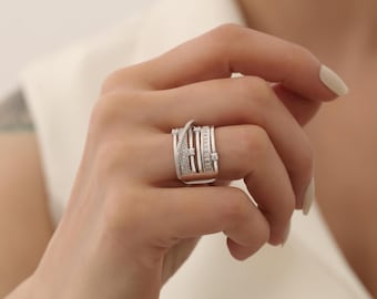 925K Sterling Silver Multi Stone Ring, Cubic Zirconia Spiral Statement Ring,