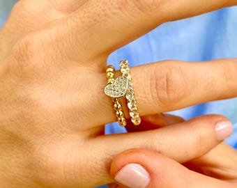 18K Gold Filled Dangle Heart Ring, CZ Stainless Steel Adjustable Ring