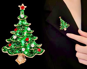 18K Gold Christmas Tree Brooch, Enameled Gemstone Pin,