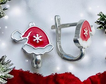 Sterling Silver Christmas Santa Hat Earrings, Kids Jewelry