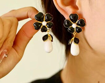 18K Gold Filled Flower Dangle Earrings, Black White Enamel,