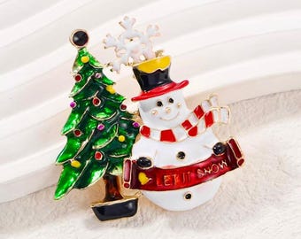 Enameled Santa Claus & Christmas Tree Brooch, 18K Gold Filled
