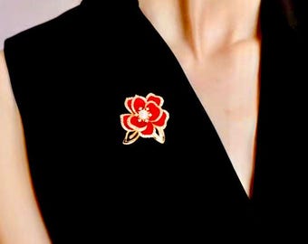 Red Enameled Rose Brooch, 18K Gold Filled Flower Pin,