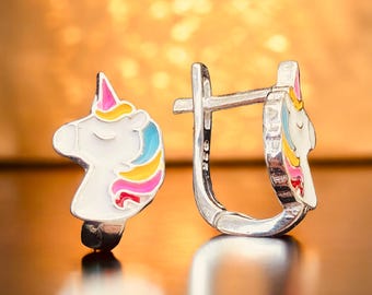 Sterling Silver Unicorn Stud Earrings, Enameled Kids Jewelry,