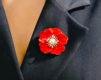 Red Enameled Flower Brooch, Pearl Cubic Zirconia, Gold Pin,