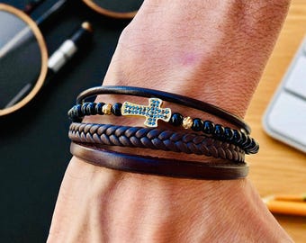 Men's Brown Leather Cross Bracelet, Onyx & Zirconia Stone, Braided Layered Design,