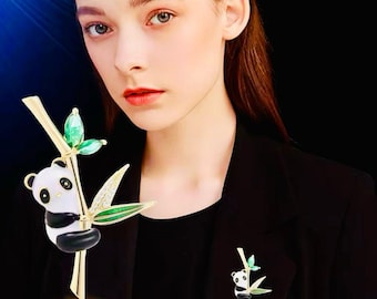 Enameled Panda Brooch, 18K Gold Filled Pin, Cubic Zirconia