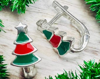 Sterling Silver Christmas Tree Earrings, Enameled Holiday Jewelry