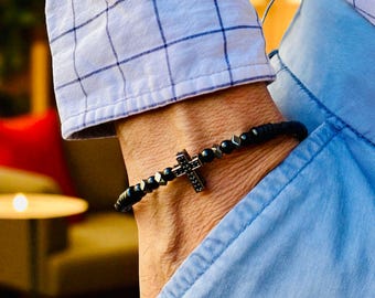 Black Leather Cross Bracelet, Zirconia & Hematite, Adjustable Men's Jewelry,