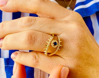 Adjustable Gold Filled Evil Eye Ring, Sapphire & Cubic Zirconia,