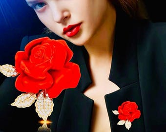 Red Enameled Rose Brooch, 18K Gold Filled, Cubic Zirconia Flower Pin,
