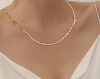 925Kスターリングシルバーゴールドフィルドスネークチェーンネックレス、3mmフラットヘリンボーンネックレス