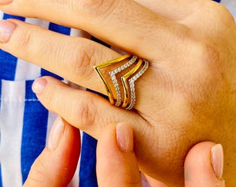 18K Gold Filled V Ring, Cubic Zirconia Chevron Stacking Ring, Adjustable,