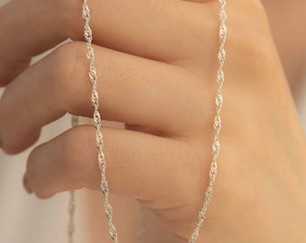 スターリングシルバー シンガポールチェーン、ダイヤモンドカットツイストネックレス、2mm
