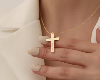 925Kスターリングシルバーパーソナライズクロスネックレス、18Kゴールドフィルド、洗礼ギフト、