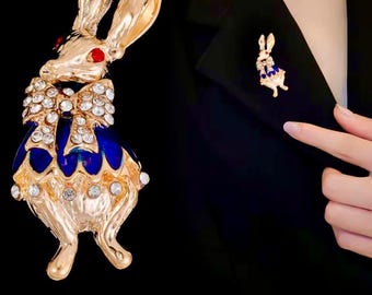 Enameled Rabbit Brooch, 18K Gold Filled, Cubic Zirconia,