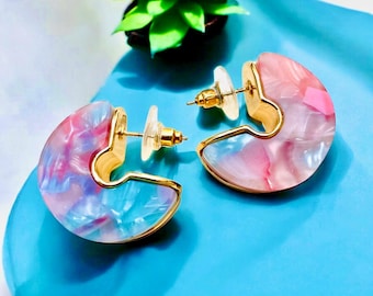Colorful Acetate Resin Hoop Earrings, 18K Gold Filled Huggie,