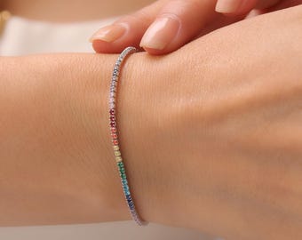 Sterling Silver Rainbow Tennis Bracelet, Cubic Zirconia,