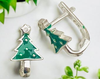 Sterling Silver Christmas Tree Earrings, Enameled Holiday Jewelry,