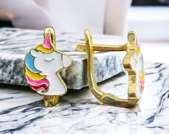 Gold Unicorn Stud Earrings, Sterling Silver, Enamel Kids Jewelry