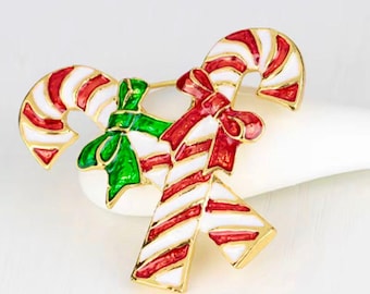 Enameled Christmas Candy Cane Brooch, 18K Gold Filled Pin,