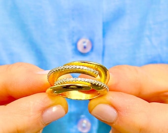18K Gold Filled Cubic Zirconia Multi Band Ring, Adjustable Open Ring