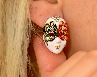 Pendientes de máscara veneciana, pendientes de mascarada rellenos de oro de 14 quilates, diseño victoriano, esmaltados.