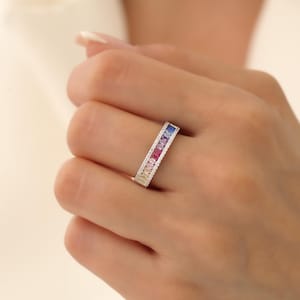 Rainbow Eternity-bandring, 925K sterlingzilveren regenboogring, CZ regenboogbandring, veelkleurige ring, Birthstone-ring, kleurrijke stapelbare ring