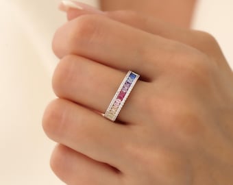 Anillo de eternidad arcoíris de plata esterlina, anillo con piedra de nacimiento de circonita cúbica colorida,