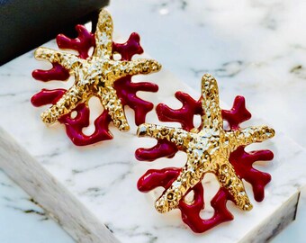 エナメル加工のヒトデ珊瑚イヤリング、18Kゴールドフィルド、低刺激性、
