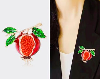 Christmas Pomegranate Brooch, 18k Gold Filled, Enamel Pin,