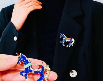 18K Gold Filled Horse Brooch, Enameled CZ Animal Pin,