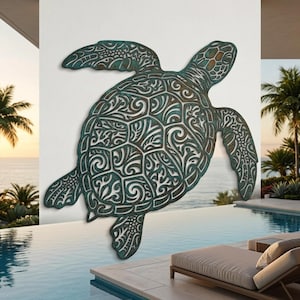 May include: A wall-mounted sea turtle sculpture featuring a weathered teal and bronze patina finish. The shell and flippers are decorated with intricate, cut-out scrollwork patterns, creating a detailed, open-work design across the surface.