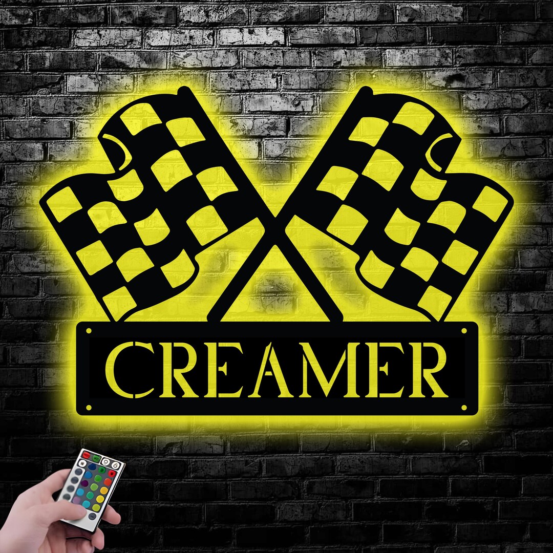 Custom Racing Wall Signs Light Custom Racing Flag Metal Sign With LED Light Personalized Name Wall Art ...