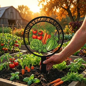 May include: A black circular metal garden sign with the text "OUR VEGGIE GARDEN" featuring a colorful illustration of tomatoes, carrots, and leafy greens. The sign is mounted on a stake and positioned in a soil-filled garden bed.
