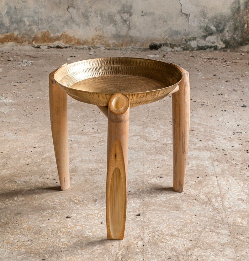 SIDE TABLE with brass top in chopped bamboo legs,home and living room decor. image 1