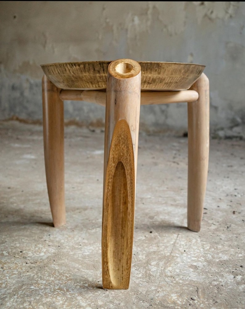 SIDE TABLE with brass top in chopped bamboo legs,home and living room decor. image 2