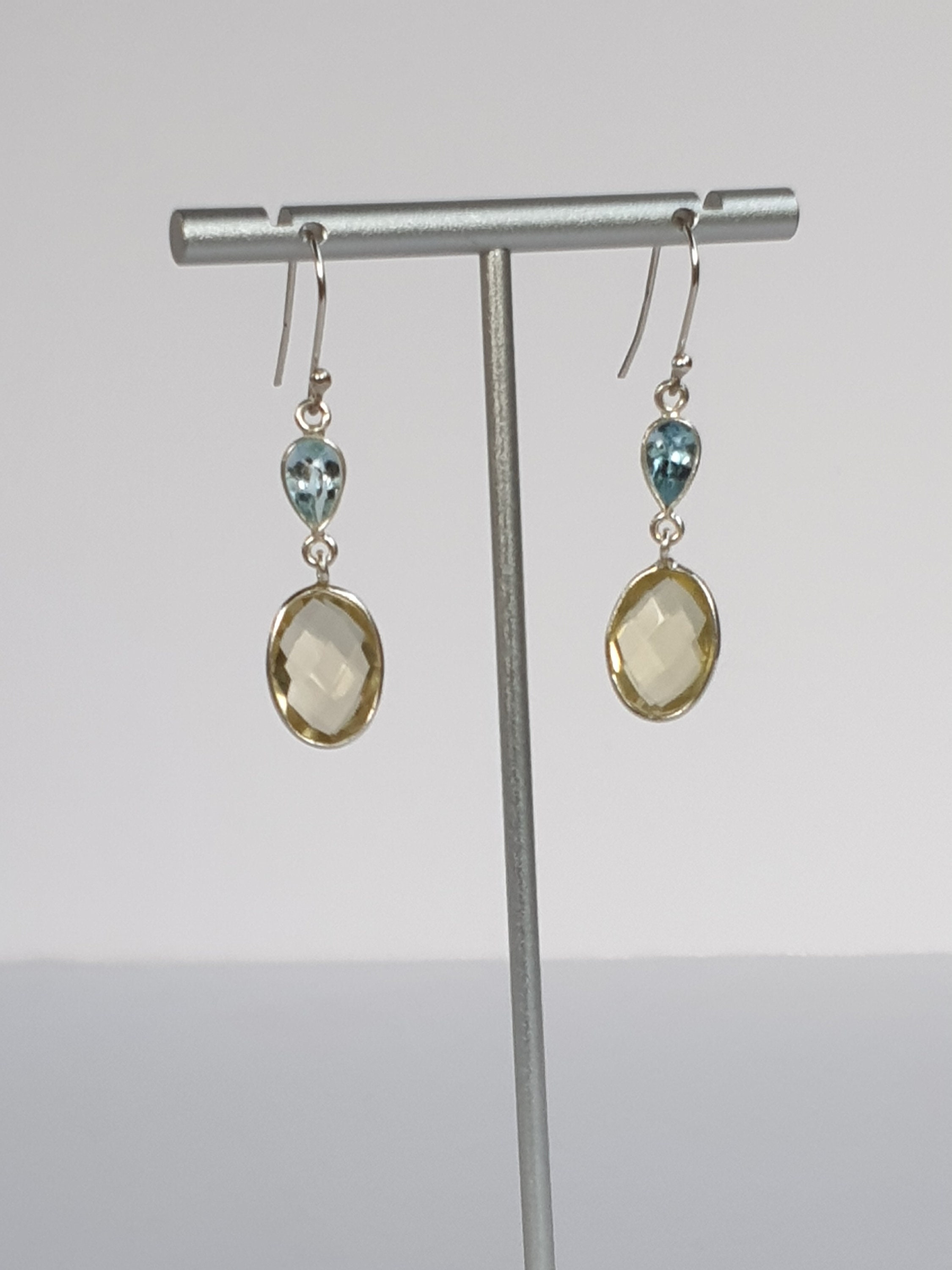 Lemon Quartz Earring, Lemon Quartz With Blue Topaz Drop Earrings